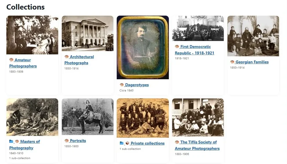 Grid display of historical Georgian photography collections including amateur photographers from 1863-1906, architectural photographs from 1850-1914, daguerotypes circa 1840, First Democratic Republic 1918-1921, Georgian families 1850-1914, masters of photography 1840-1910, portraits 1850-1900, private collections, and the Tiflis Society of Amateur Photographers 1893-1906
