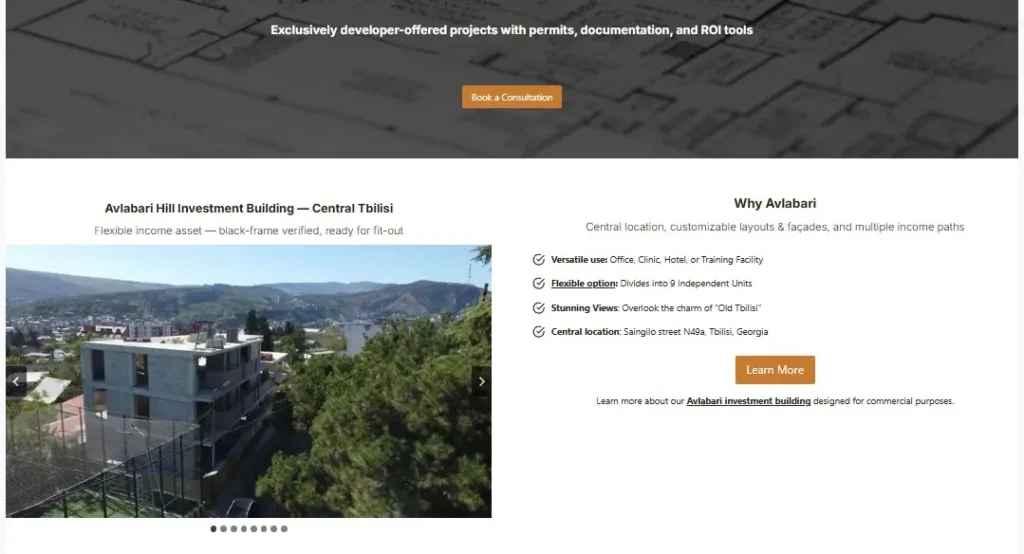 Landing page hero section showcasing Tbilisi real estate investment opportunities including Avlabari Hill Investment Building in Central Tbilisi and Lisi Lake Estates mixed-use development with architectural blueprints and project photography