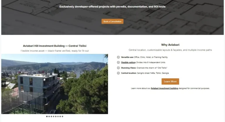 Landing page hero section showcasing Tbilisi real estate investment opportunities including Avlabari Hill Investment Building in Central Tbilisi and Lisi Lake Estates mixed-use development with architectural blueprints and project photography