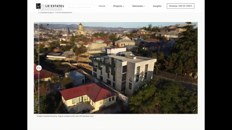 The Avlabari Investment Building page on ldestates.ge, with a slider comparing the building's current shell with the approved design visualisation