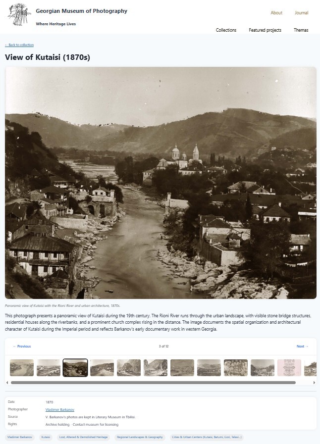 Published photomuseum.ge page for View of Kutaisi (1870s) by Vladimir Barkanov, with date, photographer, source and subject tags
